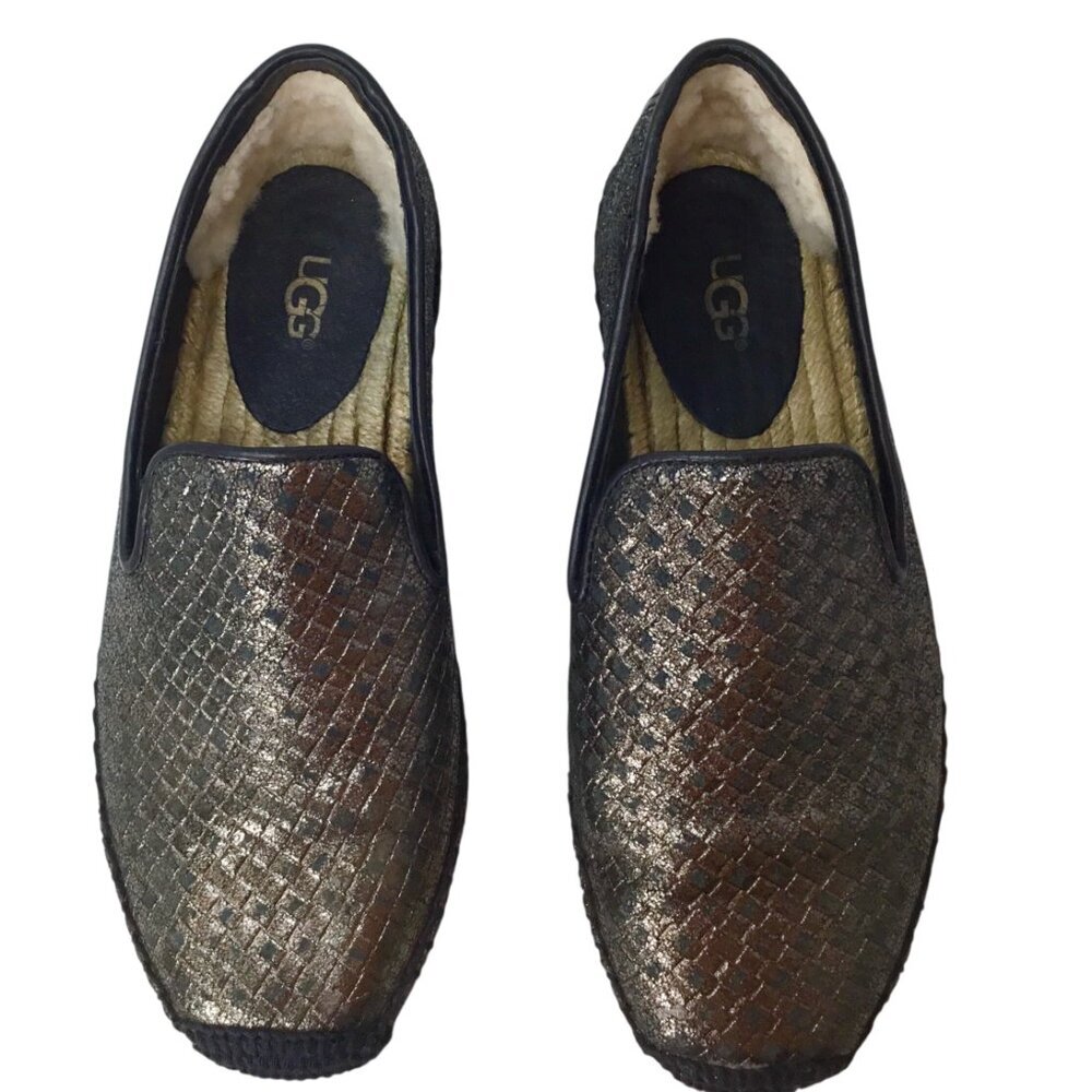 Ugg Sandrinne Espadrille Size 5 Basket Woven Flats Black Gold Metallic 1010196 - Picture 7 of 13